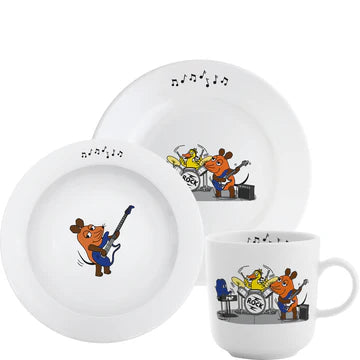 Essen mit Beat: Das Kindergeschirr-Set „Maus-Band on Stage“ aus Porzellan
